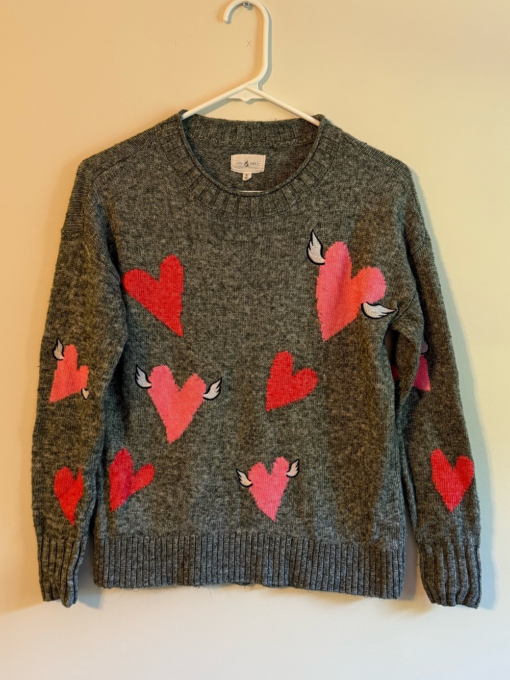Lou & Grey Gray Crewneck Sweater with Pink and Red Heart Motifs